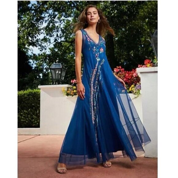 JOHNNY WAS Mazzy Maxi DRESS Size XS Embroidered Mesh V-Neck Sleeveless NEW $318 - Picture 3 of 11